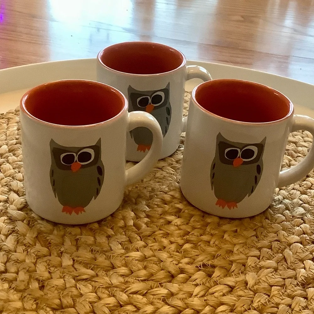 Crate & Barrel Owl Coffee Mug Cup Three Piece Matching Set 8 Ounces * Dual sided